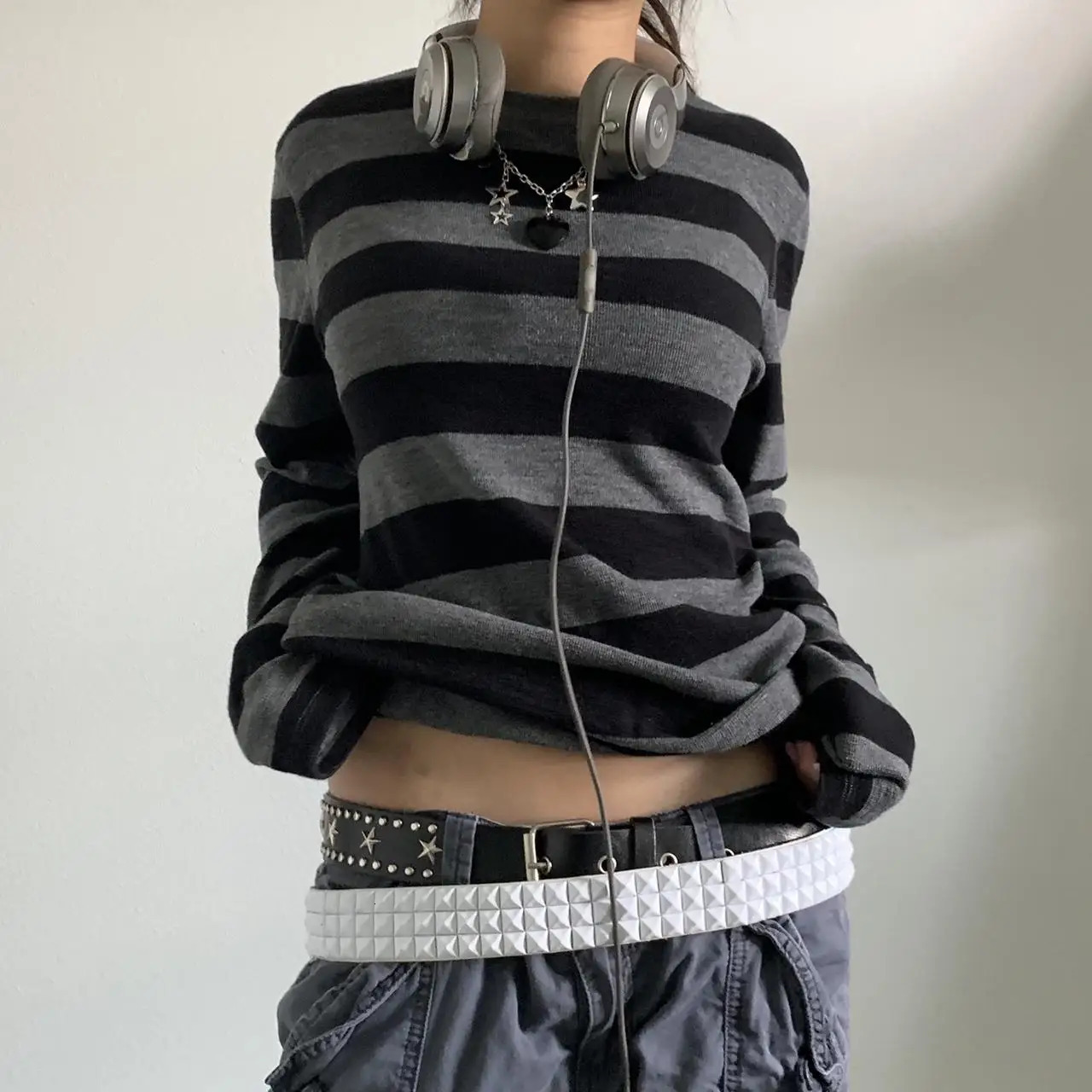 Women Fairy Grunge Knit Basic Shirt Autumn Y2K Grey Black Striped Long Sleeve Round Neck Tops Emo Tee 240806