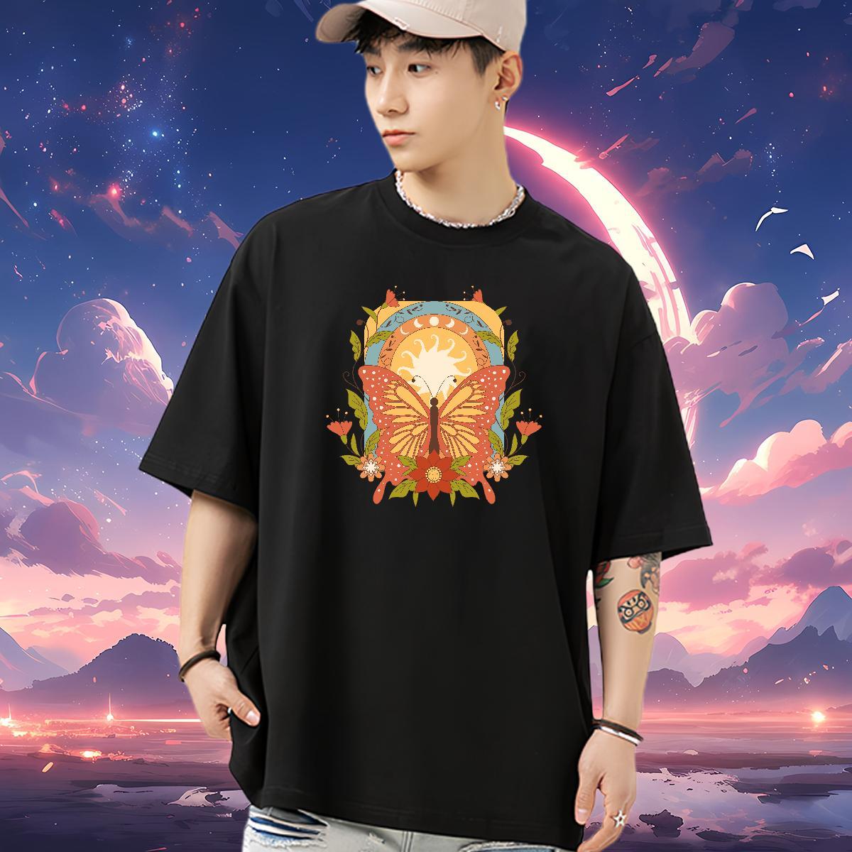 New Designer T Shirt For Man 230g Pure Cotton Butterfly Hip Hop Tees Round Neck Short Sleeve Unisex Mens Tshirts Custom Big Size