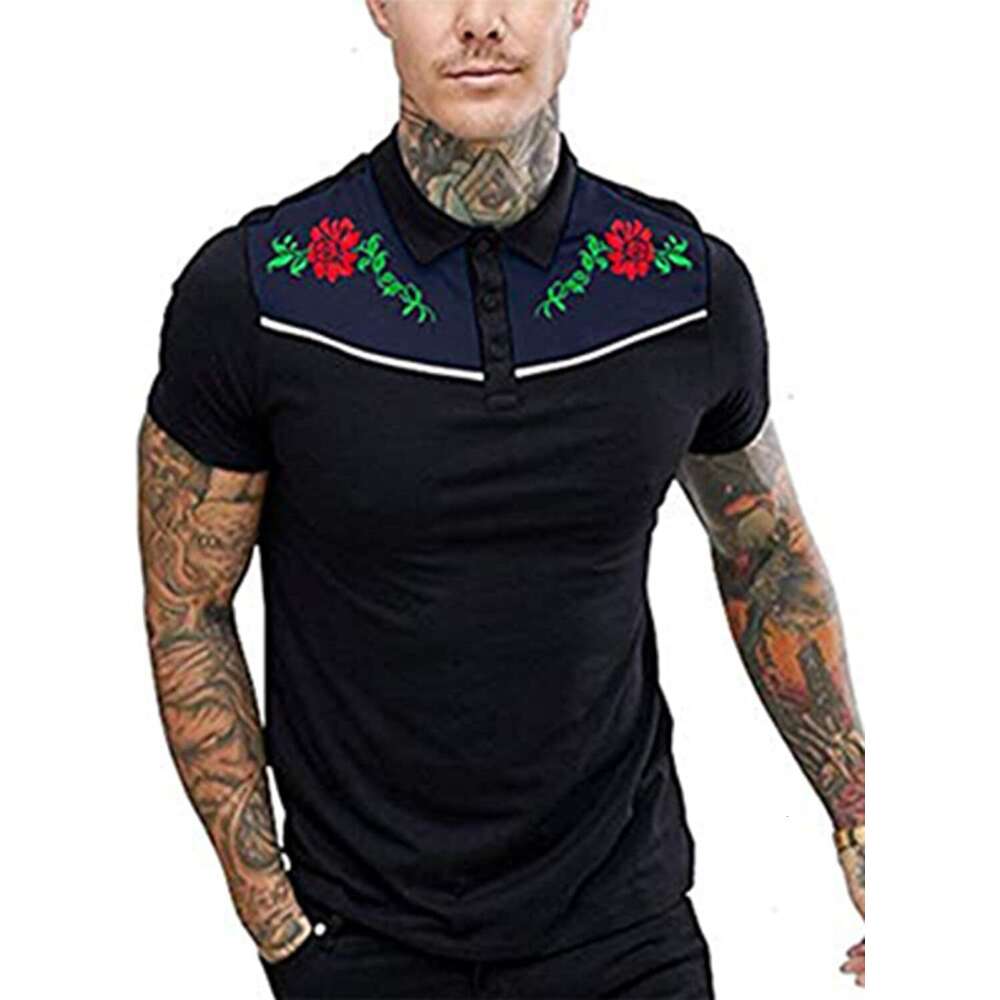Fashion Mens Polo shirt Short Sleeve Shirts Casual Fashion Rose Floral Embroidery Polos shirts tshirt Casual tops summer clothes Short sleeve Free shi
