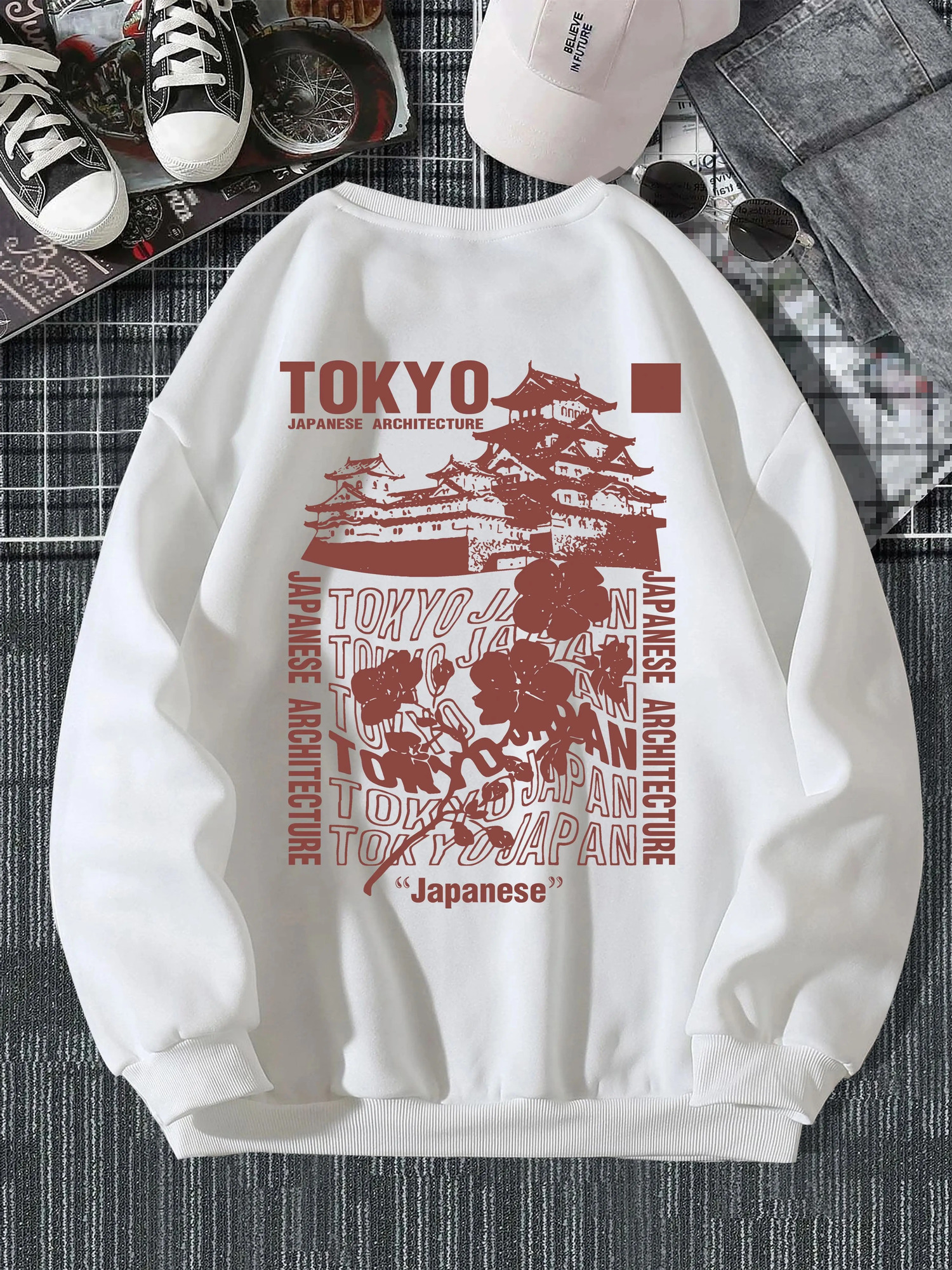 Japanese Tokyo Sakura Printing Spring Casual Women Pullover Sweatshirt Warm Soft Hoodies Loose Crewneck Fleece Female Clothing 240806