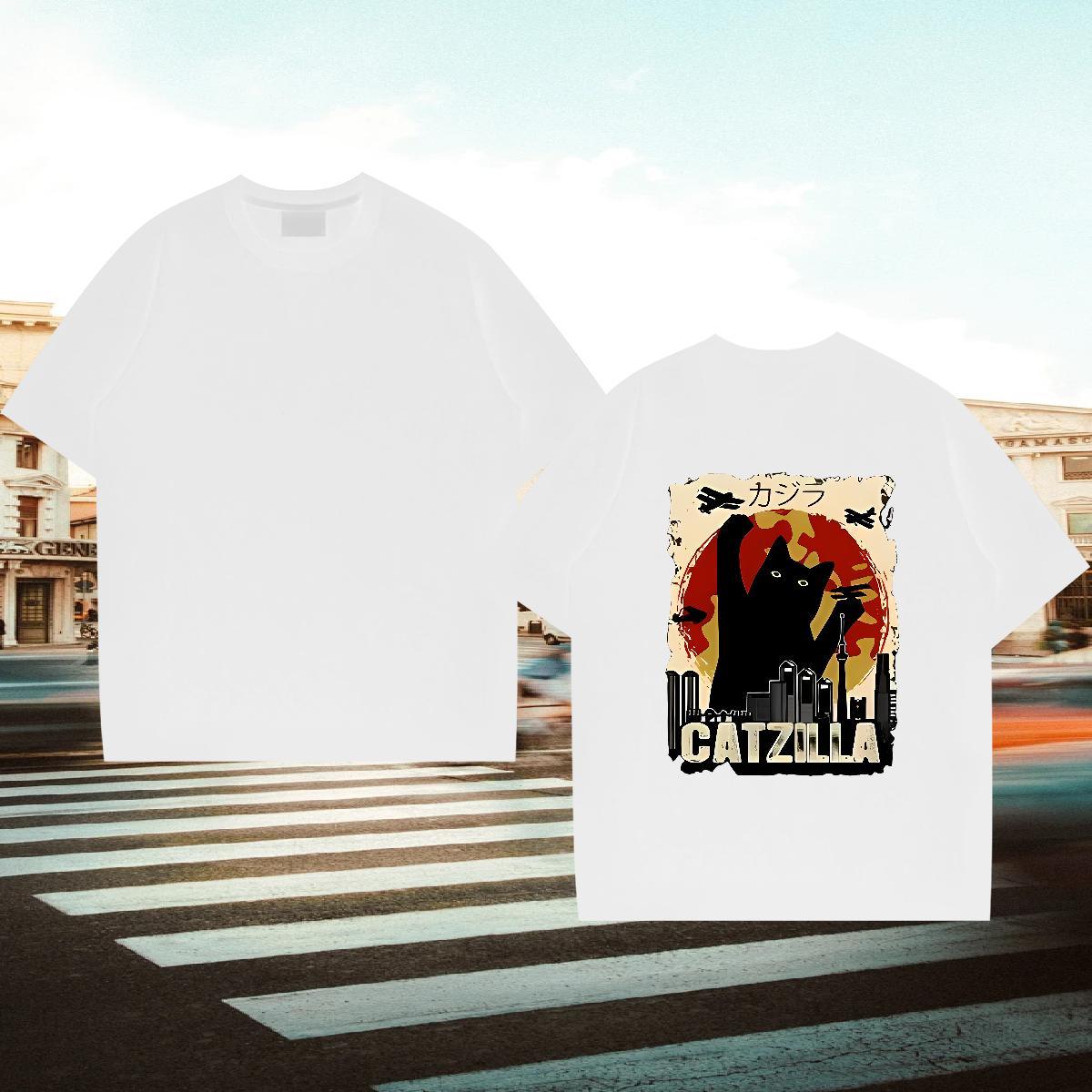 Fashion Casual T Shirts Men 230g 100% Cotton cat Daily Outfit Top Tees Crew Neck Loose Fit Couples T Shirts Floral Print
