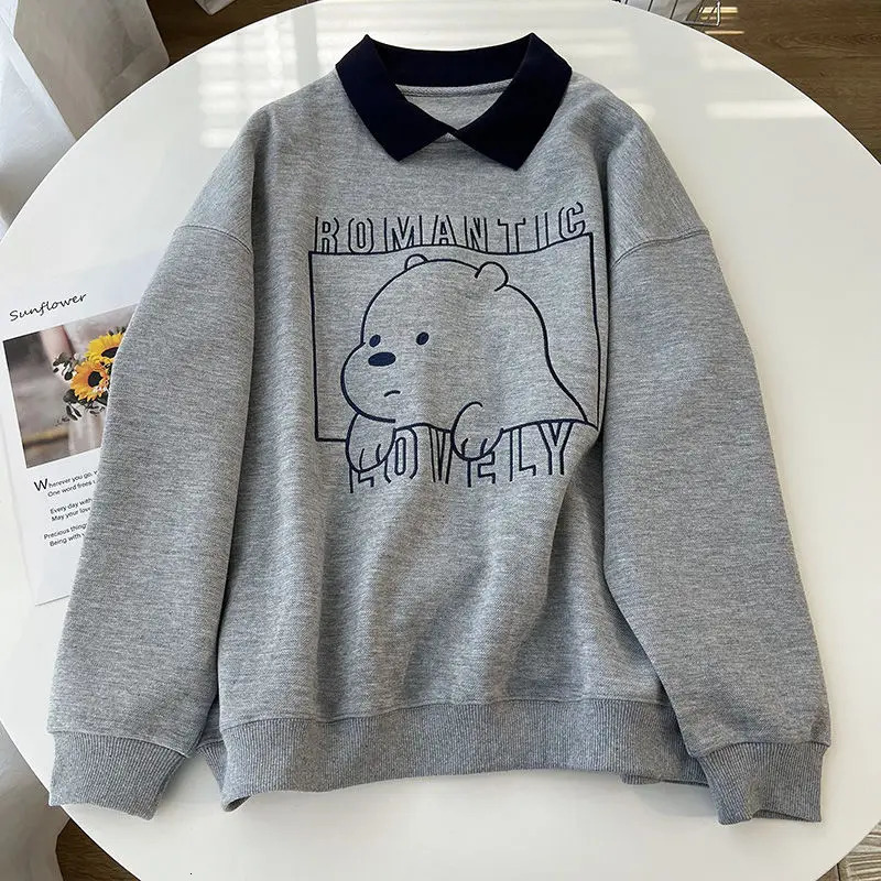 Polo Collar Hoodies Lovely Gray Bear Pattern Women Sweatshirt Autumn Vintage Female Hoodies Casual Long Sleeve Oversized Tops 240806