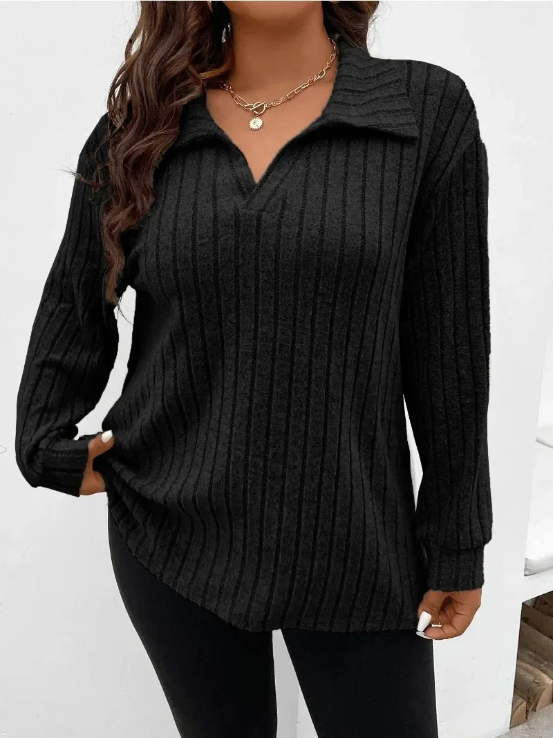 Autumn Womens Plus Size Fashion Solid Color Large Womens Top V-shaped Polo Neck Long Sleeve Pit Striped Matte T-shirt Loose 240806