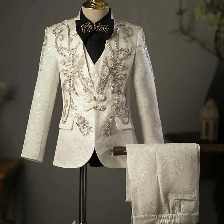 Suits New Childrens Host Performance Suit Sequin Beads Design Kids Wedding Birthday Party Evening Gown Boys Catwalk Blazer Sets A3381