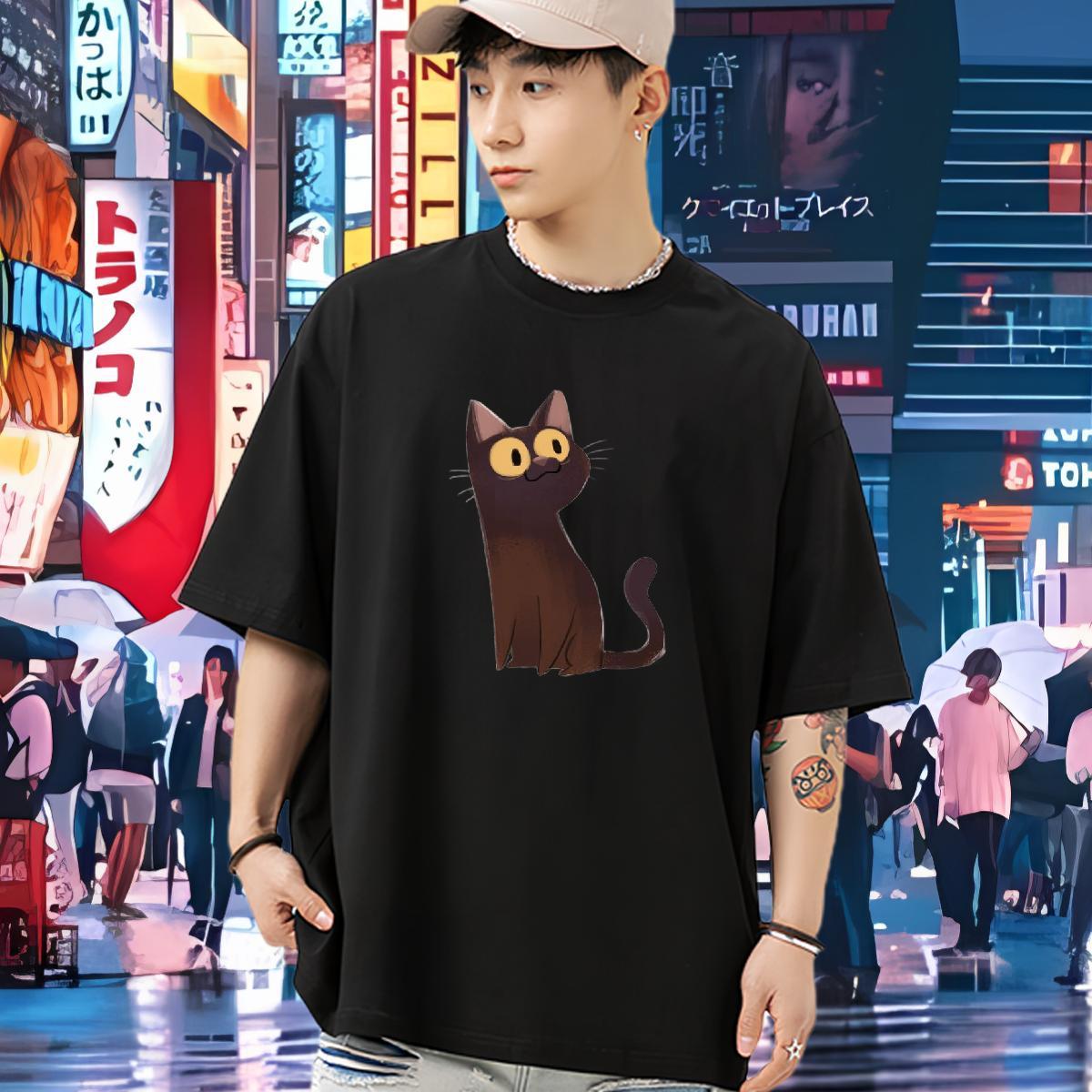 Casual New T Shirts Men 230g 100% Cotton cat Street Casual Tops Tees Short Sleeve Soft High Quality Men Tees Oversized 3XL 4XL
