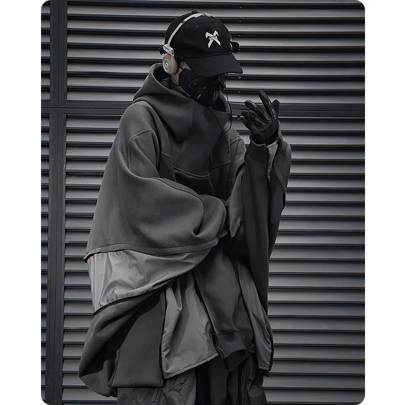 Neutral high street spring functional style irregular zipper hooded sweatshirt loose patch work bat top mens sportswear 240806