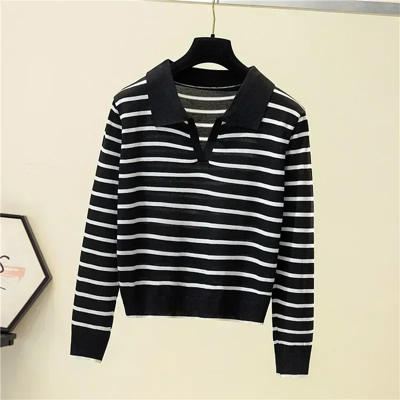Womens striped V-neck pullover polo sweater early autumn full competition top long sleeved knitted bottom sweater 240827