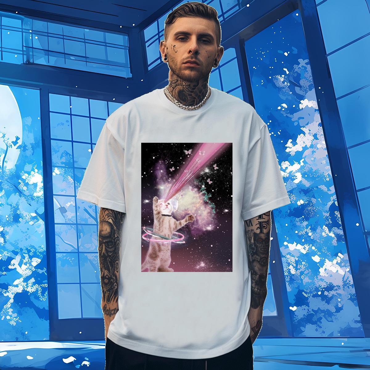 T shirt 230g 100% Cotton cat Street Casual O Neck Short Sleeves Black Oversized Tshirt for Man Woman Fashion Design TOP Quality Tees