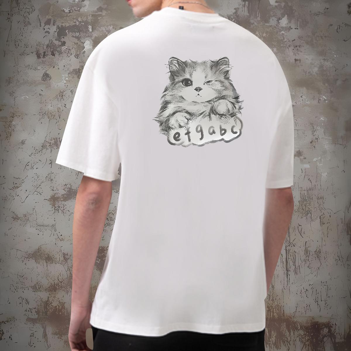 2024 T-Shirts for Men 230g Pure Cotton cat Street Casual Clothes Crew Neck Comfortable Men Tshirts Skull