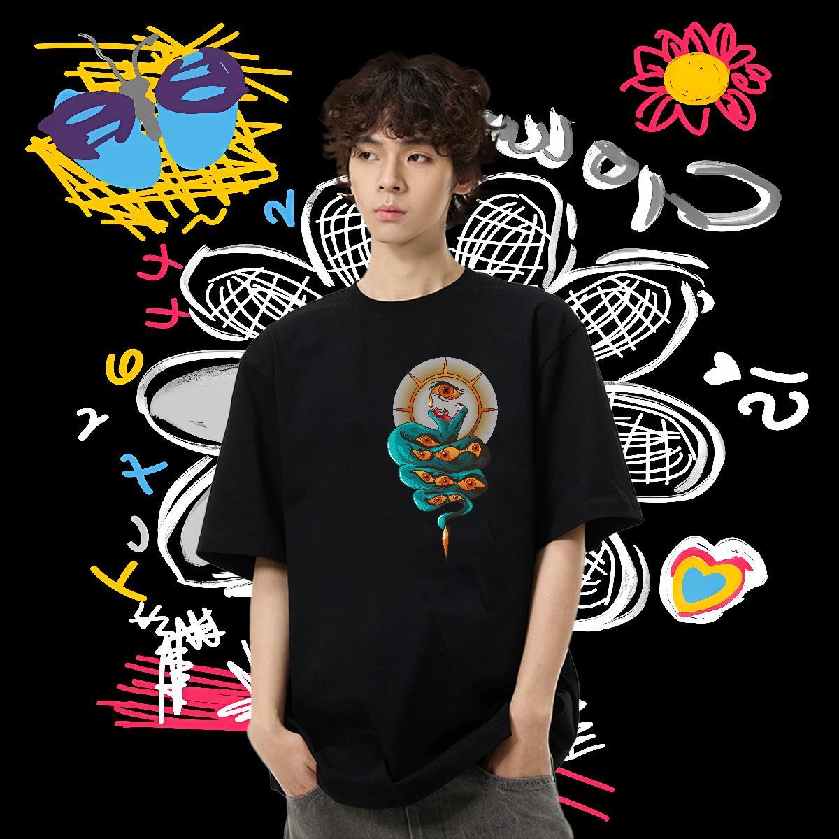 New Mens T Shirts 230g 100% Cotton snake High Street Hip Hop Tee Shirt Crew Neck Breathable High Quality Men Tees Custom Anime