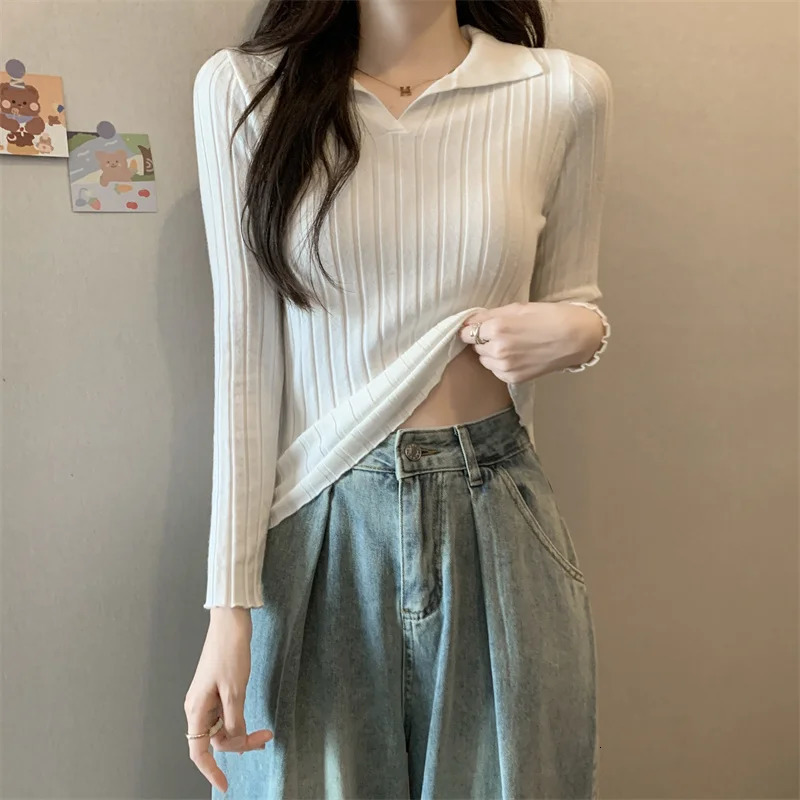 Autumn and winter womens fashionable polo shirt long sleeved slim fit top knitted sweater Y2k top T-shirt 240827