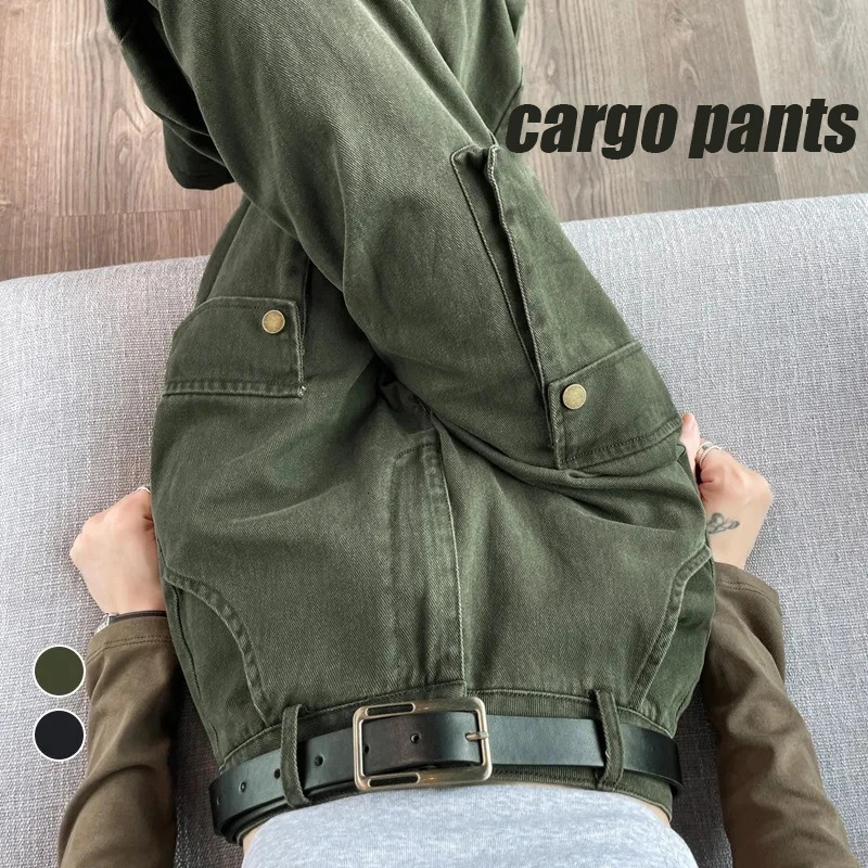 HOUZHOU Y2K Cargo Jeans Denim Pants Women Green Wide Leg Cargo Trousers Female Korean Streerwear Hip Hop Pockets Casual Retro 240806