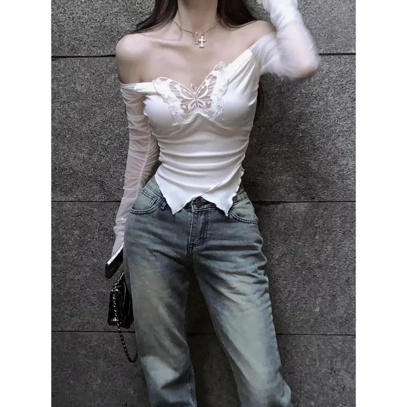 Korean Style Off Shoulder T Shirts Women Aesthetic Butterfly Cropped Mesh Tops Sexy Coquette Y2k Kpop Long Sleeve Tees 240806