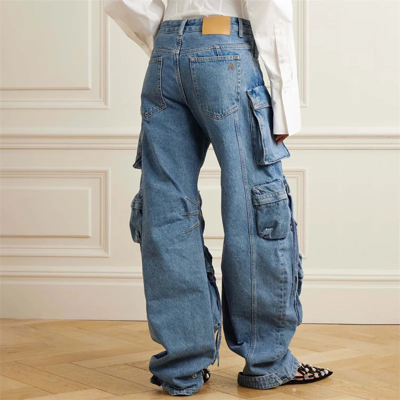 Womens pants autumn in Vintage washed pure cotton Womens jeans Multi pocket decoration low waist cargo pants Trousers 240806