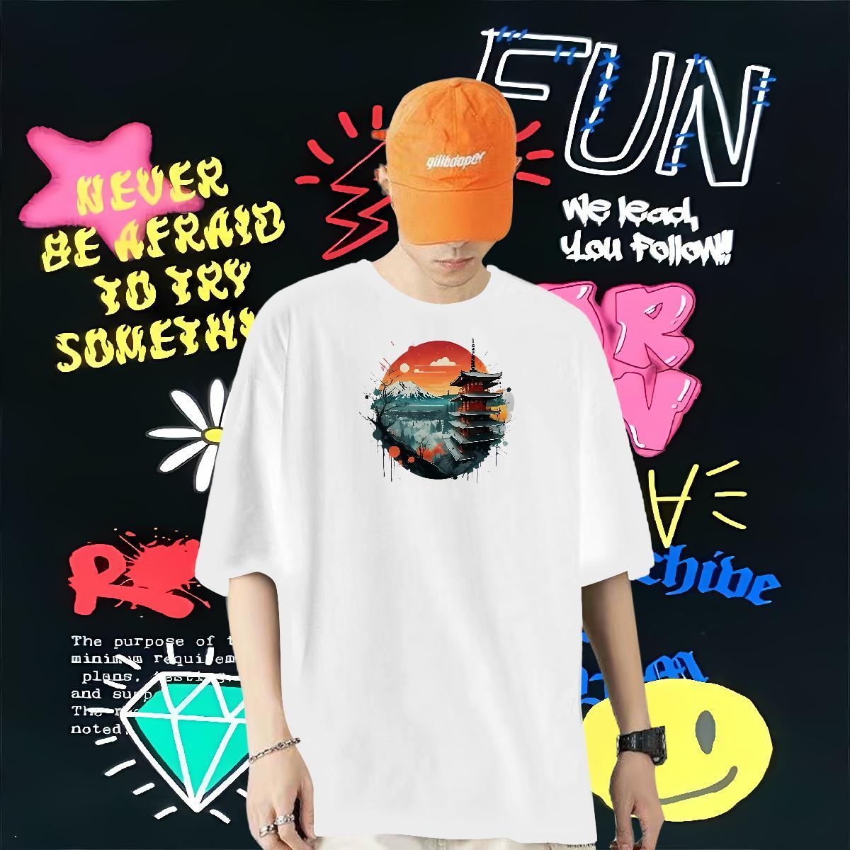 Classic Casual T-Shirts 230g Cotton Tower Casual Beach Tops Short Sleeve O-Neck Designer Men Clothes T-Shirt Cartoon Print