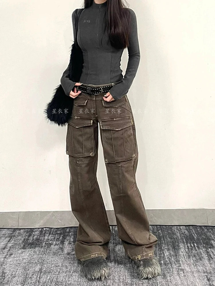 Women Coffee Baggy Cargo Jeans Harajuku 90s Aesthetic Denim Trousers Y2k Vintage Japanese 2000s Style Jean Pants Trashy Clothes 240806
