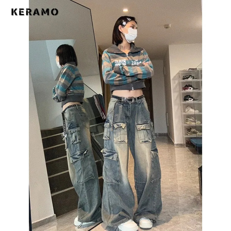 Womens Harajuku Vintage StyleHigh Waist Loose Jeans Autumn Winter Y2K Pants Wide Leg Baggy Streetwear Denim Trouser 240806