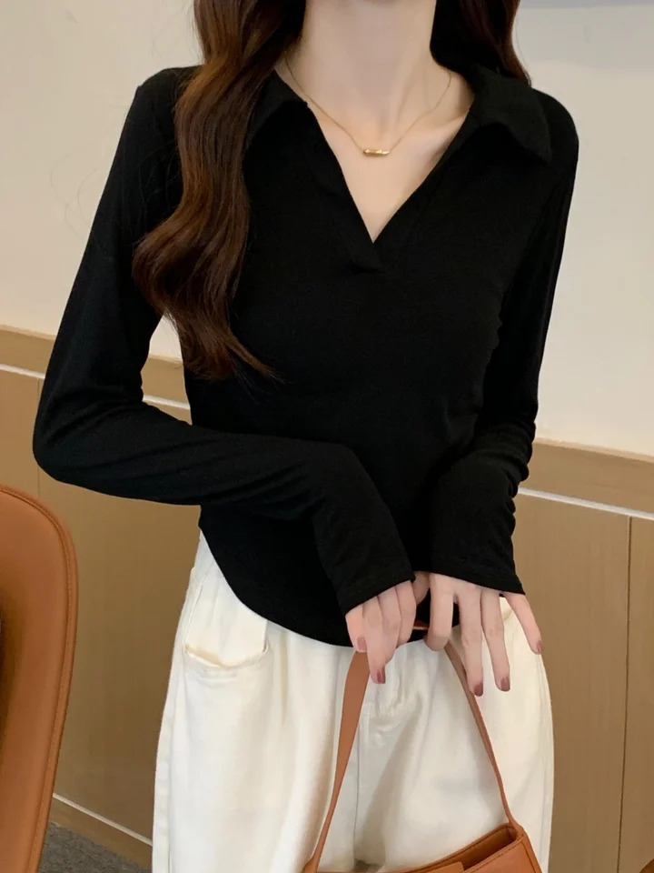 Autumn Polo Neckline Slim Fit Long Sleeve Women T-shirt Irregular Top Shirt Korean Style Casual Comfortable Polyester Fabric 240806