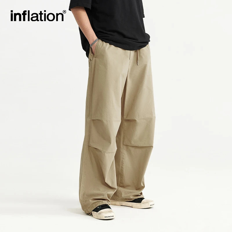 INFLATION Baggy Parachute Pants Streetwear Mens Elastic Waist Washed Cargo Male 100% Cotton Trousers 240806