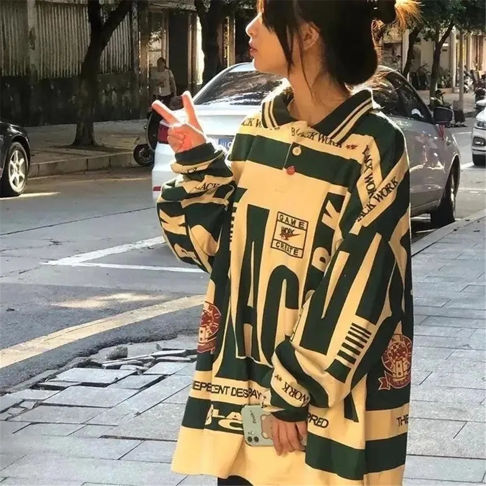 High Street Y2k Loose Vintage Oversized Polo T-shirt Women Letter Print Harajuku Goth Blouses Baggy Long Sleeve Fashion Chic Top 240806