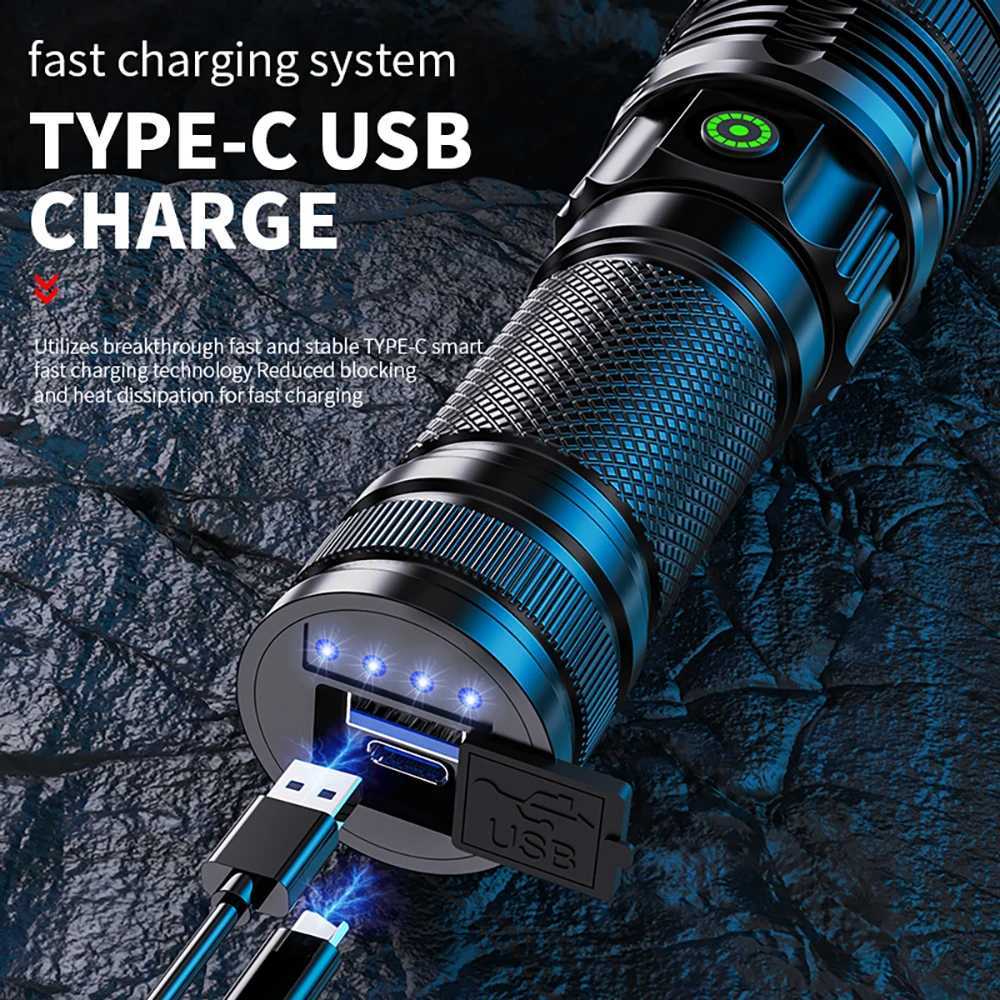 100000 Lumen Super Bright Spotlight Long Range LED Flashlight Built-in Battery USB Charging Waterproof Portable Camping Torch M251117