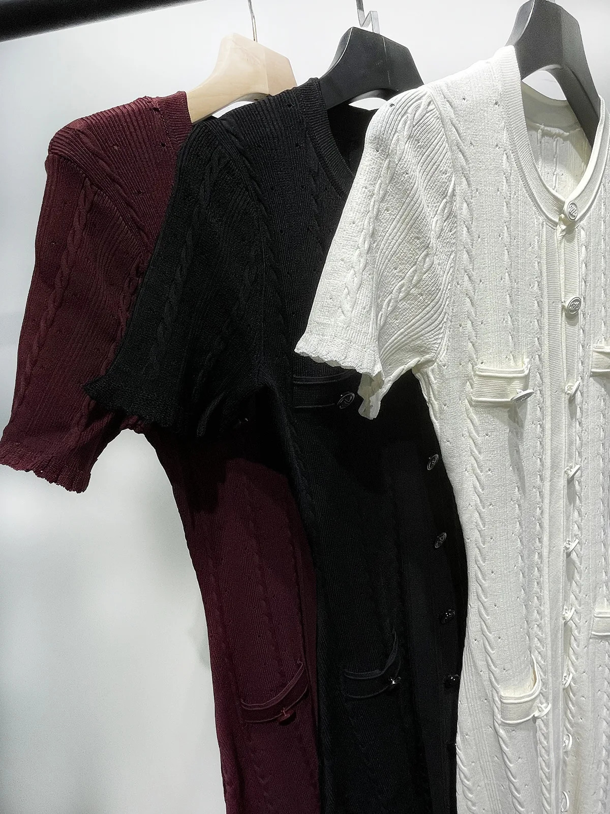 Women O-Neck White Knit Thread Mid-Length Dress Summer Elegant Lady Ruffled Sleeve Single Breasted Slim Long Robe 240806