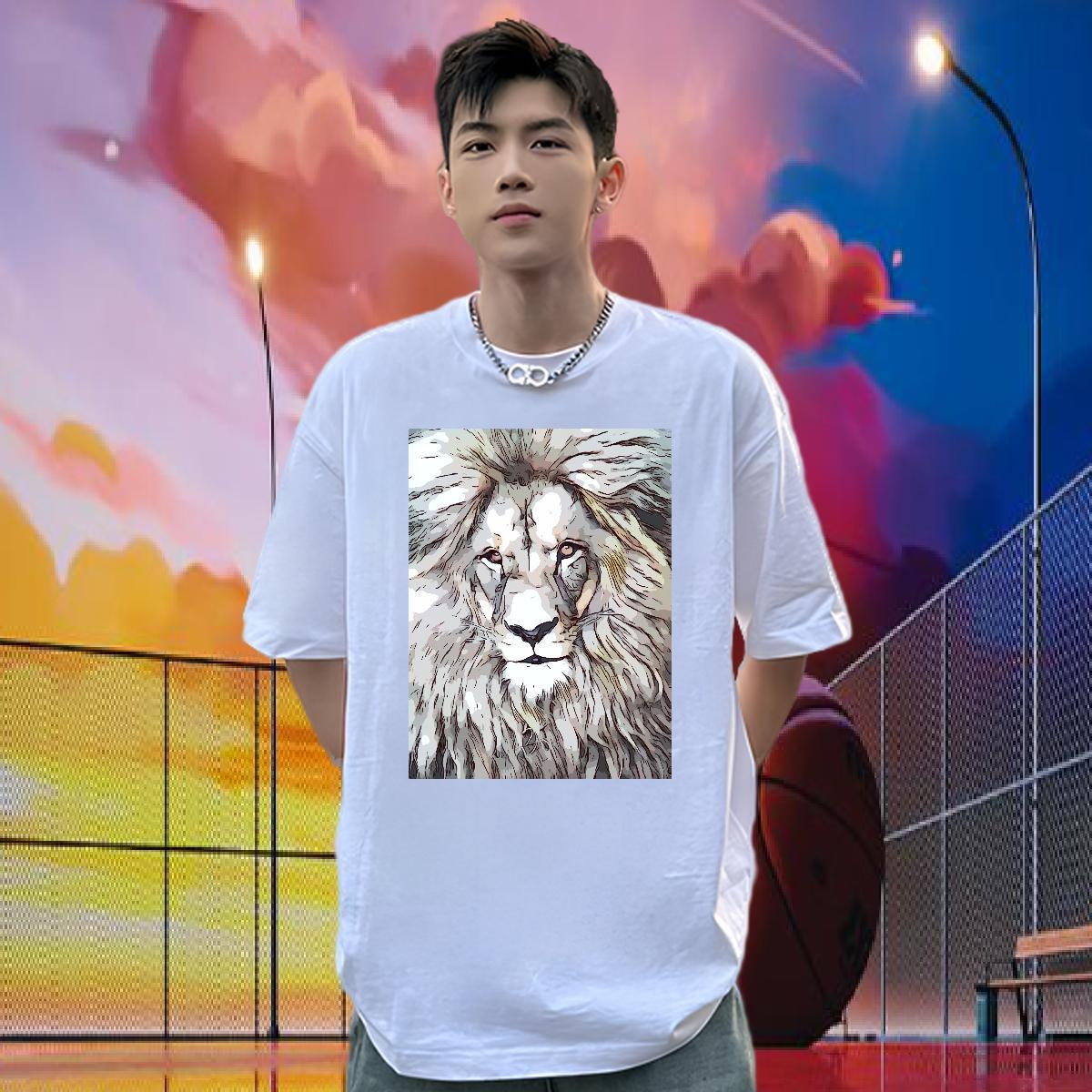 2024 Summer T-Shirts 100% Cotton 230g lion Hip Hop Tops Shirt Breathable Crew Neck Comfortable Mens Tshirts Black Oversized