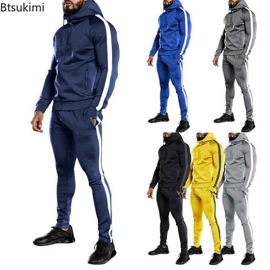 Spring and autumn mens casual track and field clothes long sleeved hooded sweatshirt and pants two-piece set mens fashionable sports fitness jogging set240806