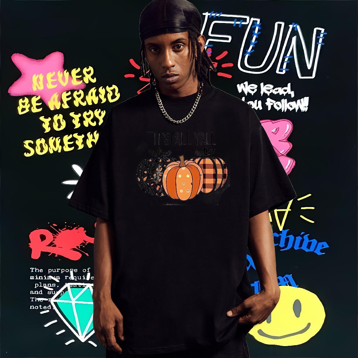 Fashion Casual T-Shirts for Men 230g Pure Cotton pumpkin Daily Outfit Polos Breathable Short Sleeve Loose Couples T Shirts Customized Print