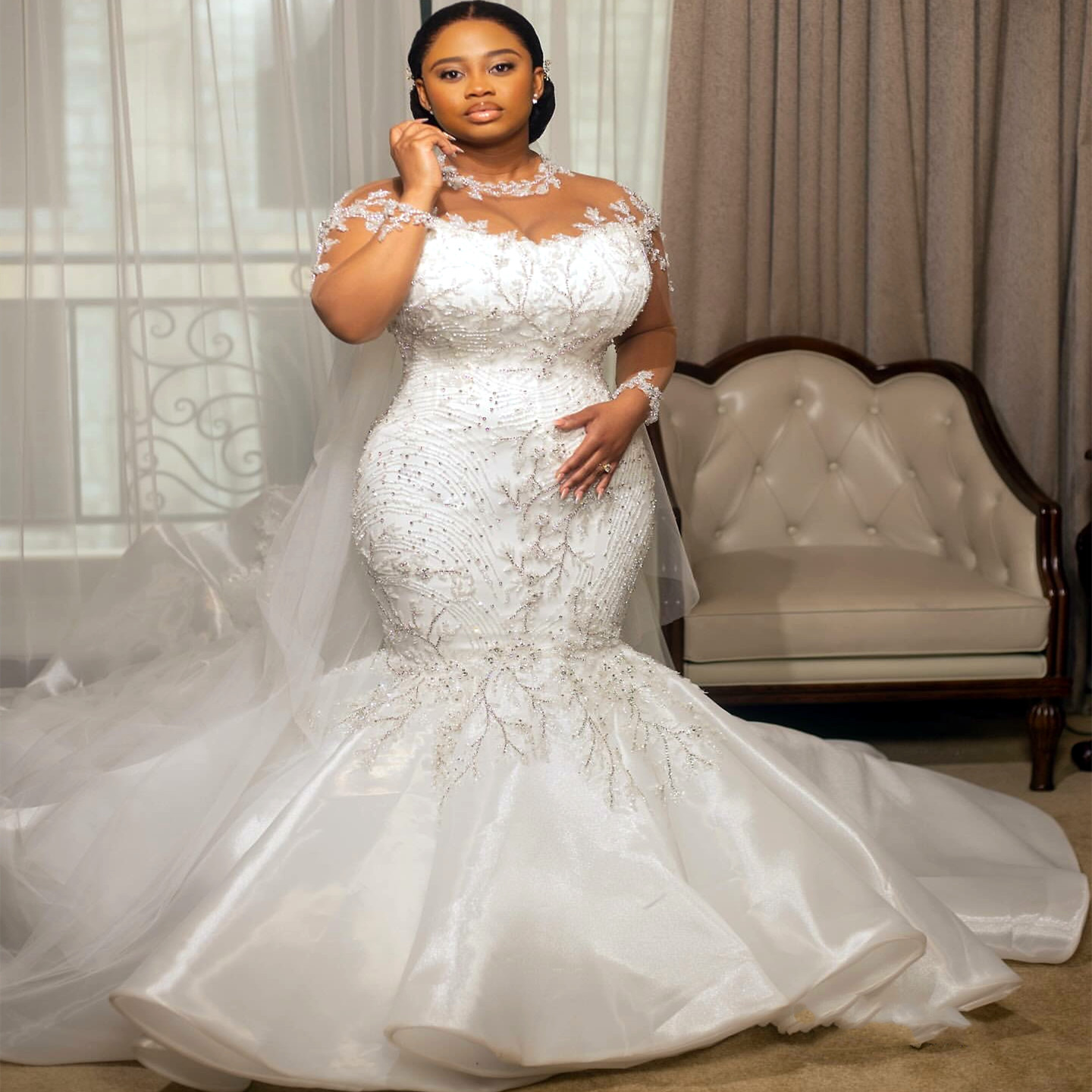 2024 Arabic Aso Ebi Plus Size Ivory Mermaid Wedding Dresses Lacefull Beaded Crystals Full Sleeves Vintage Bridal Gowns Dress ZJ204