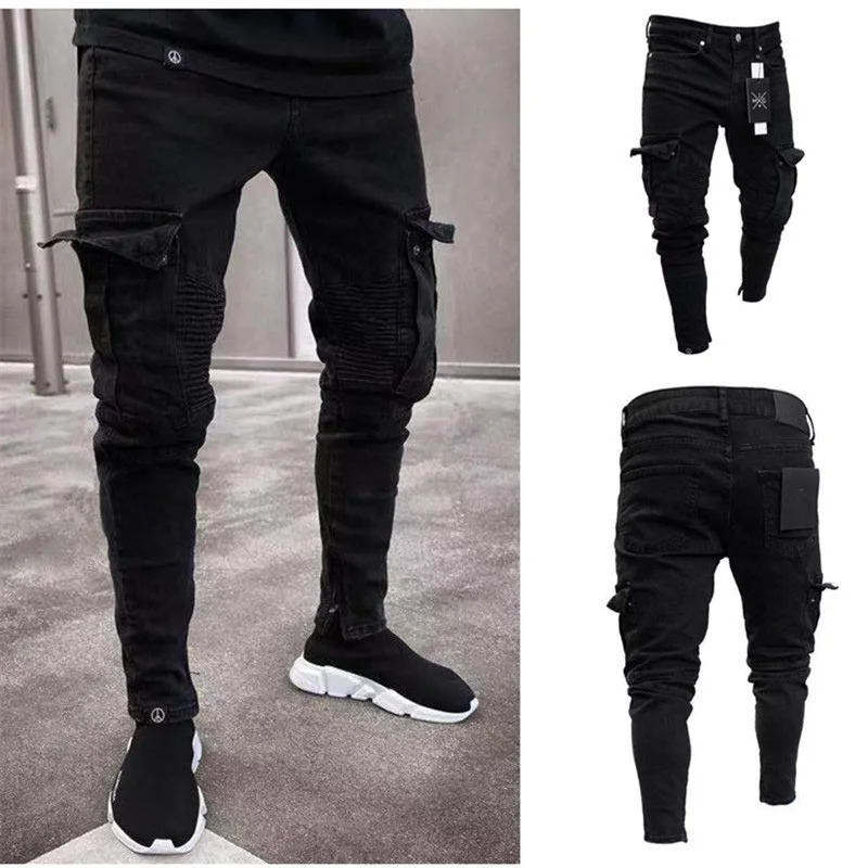 Men Jeans Knee Hole Ripped Zipper Stretch Skinny Denim Pants Solid Color Black MultiPocket HipHop Style Slim Fit Trousers 240806