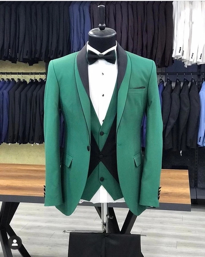Slim Fits Green Groom Tuxedos Wedding Prom Dinner Groomsmen Suits Men Blazer Waistcoat Trousers Sets W1883