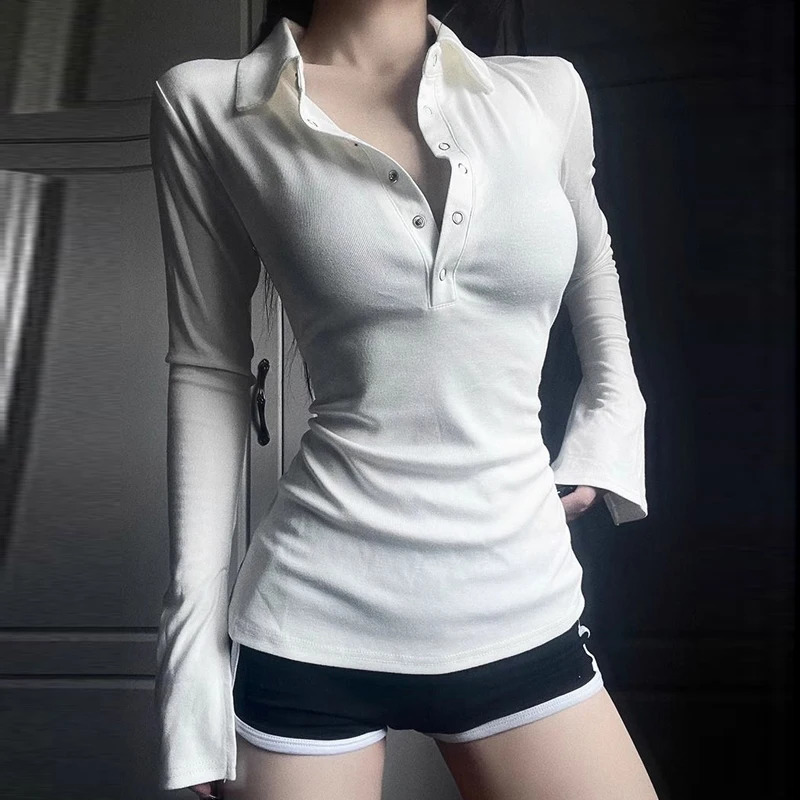 Women Korean Sexy Y2K Skinny Long Sleeve Polo Collar Button T-shirt Autumn Winter Fashion Solid Basic Tops Female Clothing 240806