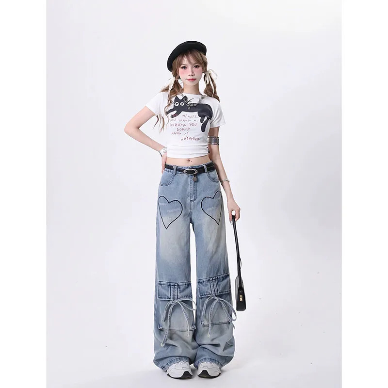 Blue Womens Jeans Hip-hop Fashion Vintage Streetwear Y2K Wide Leg Straight Jean High Waist Trouser Baggy Cargo Denim Pants 240806