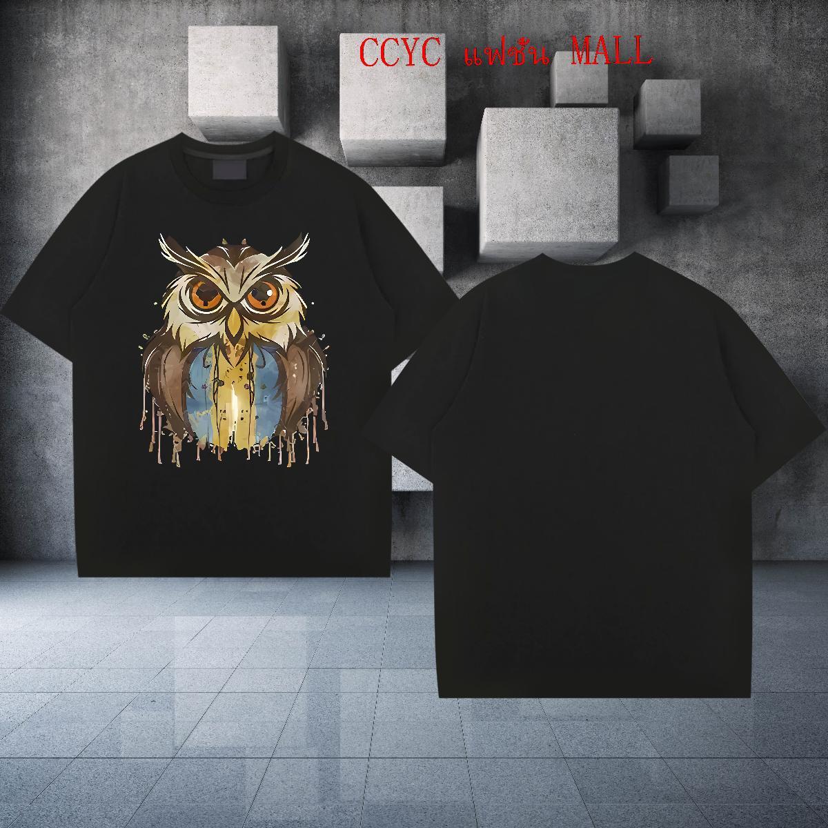 Loose Fit Men Clothes T-Shirt 230g 100% Cotton Hip Hop Street Owl Cartoon Print Round Neck Short Sleeve 2024 DIY T Shirts Men Tops Tees