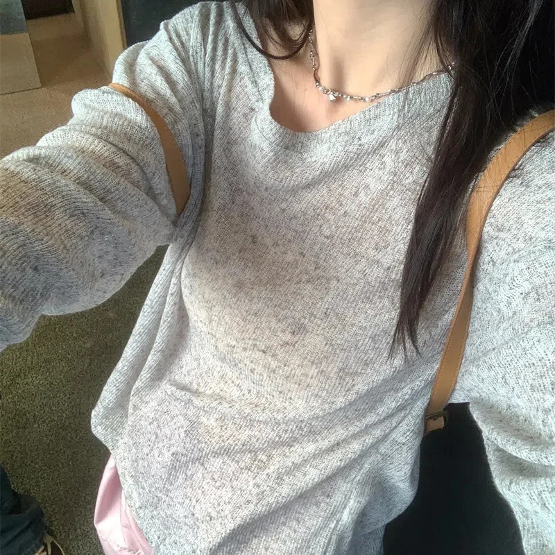 Korean Summer Womens Splicing Pullover O-Neck Fashion Solid Color Minimalist Office Lady Loose Casual Long Sleeve Tops 240806