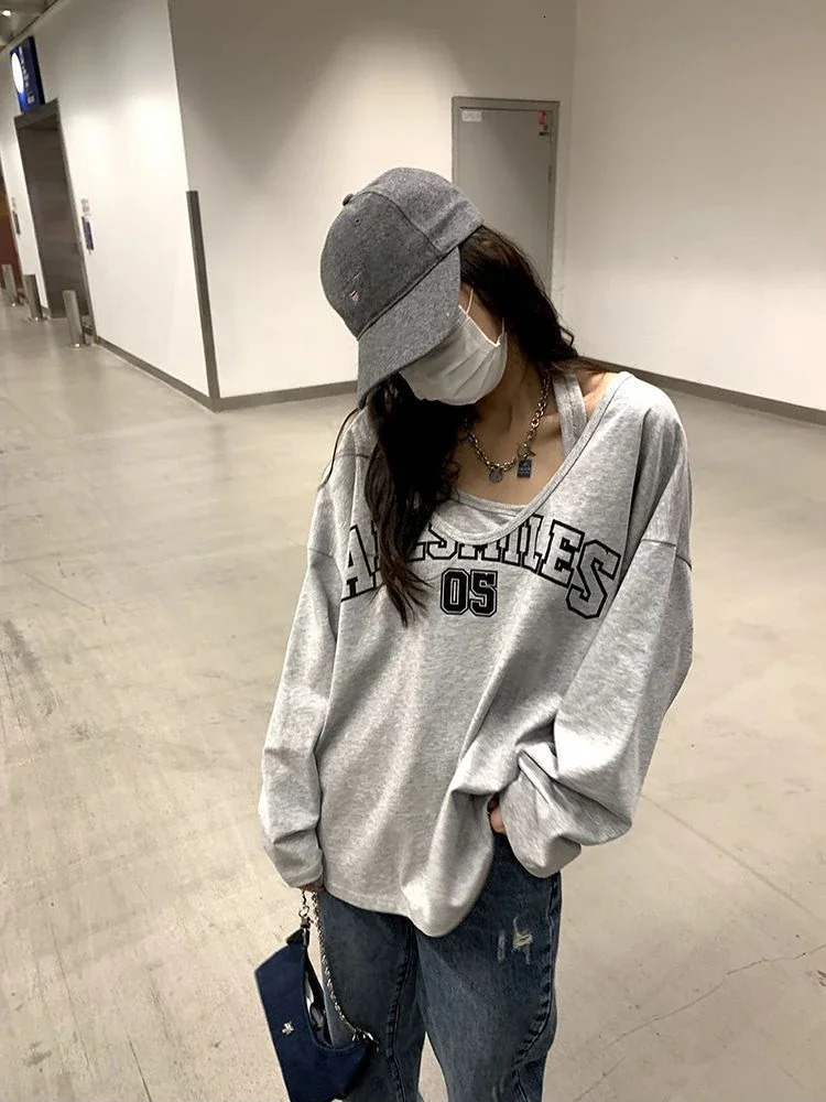 Y2K Two Pieces Set Oversized Women T-Shirts Spring Long Sleeve Halter Letter Print Sweatshirt Ladies Casual Loose Harajuku Tops 240806
