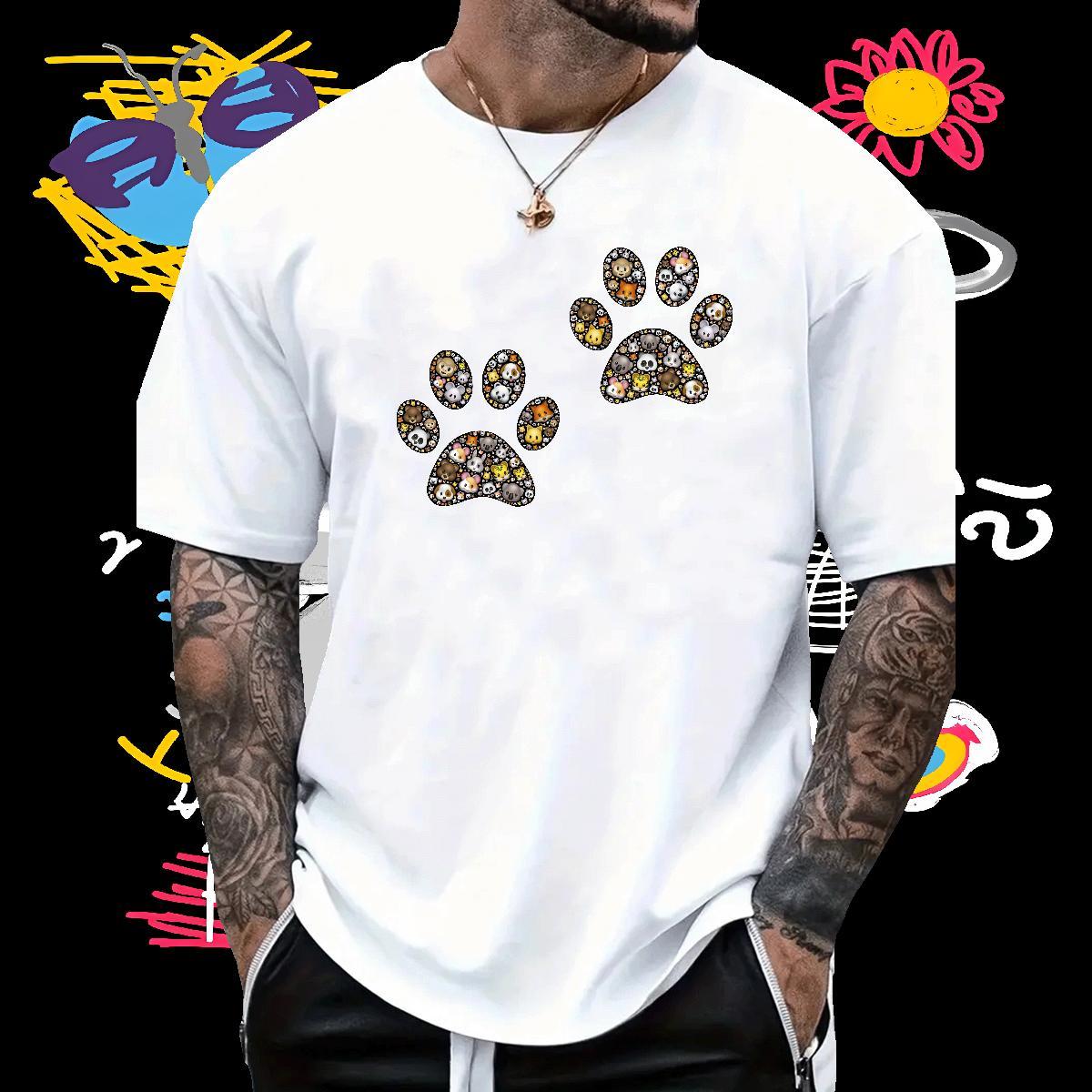 Fashion Casual T shirt 230g 100% Cotton dog's paw Street Casual Tshirts Breathable Crew Neck Unisex Couples T Shirts DIY Printed