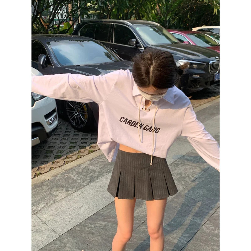 Korean Streetwear Y2k Crisscross Polo T-shirt Womens Harajuku Retro Letter Printed White T-shirt Casual Long Sleeve T-shirt 240827