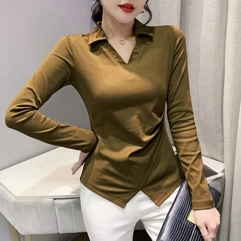 Fall Winter European Clothes T-Shirt Women Fasion Sexy POLO Collar Irregular Split Tops Long Sleeve Casual Tees 37083 240806