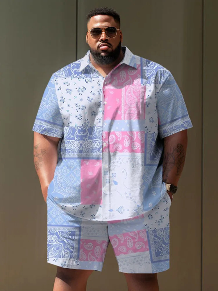 L-9XL short sleeved shirt set plus size mens summer leisure vacation retro pattern print two-piece set ZOOY240806
