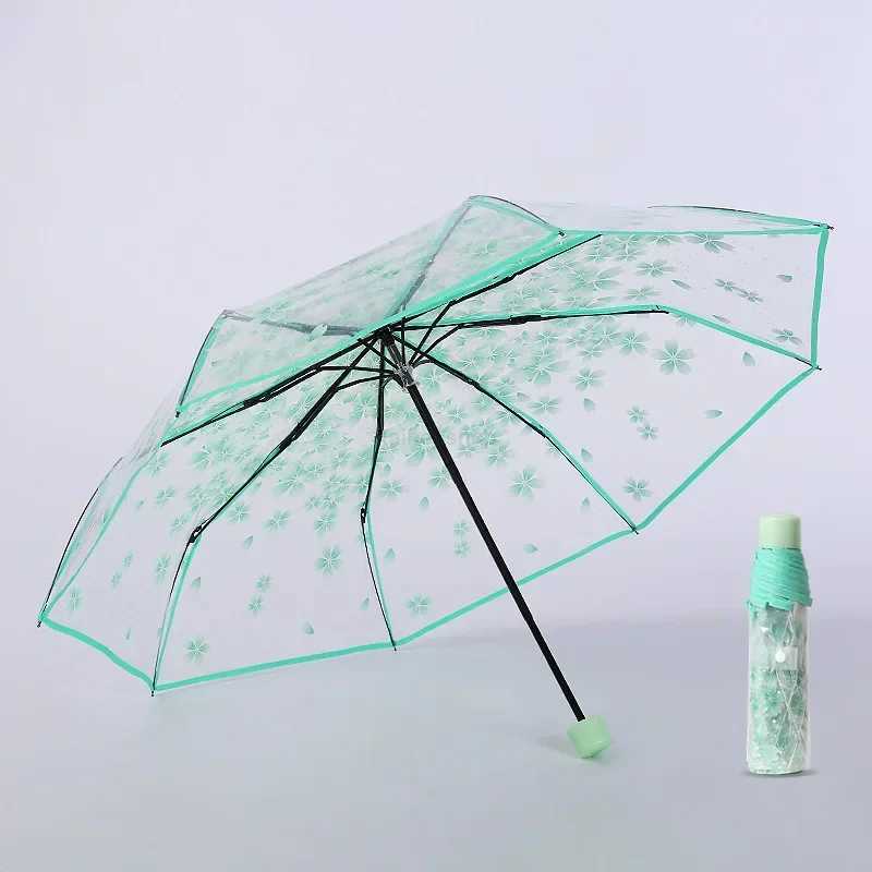 New Folding Umbrella Transparent Sakura Anti-literature Folding Umbrella Wind And Water Resistant UmbrellaXJ240806