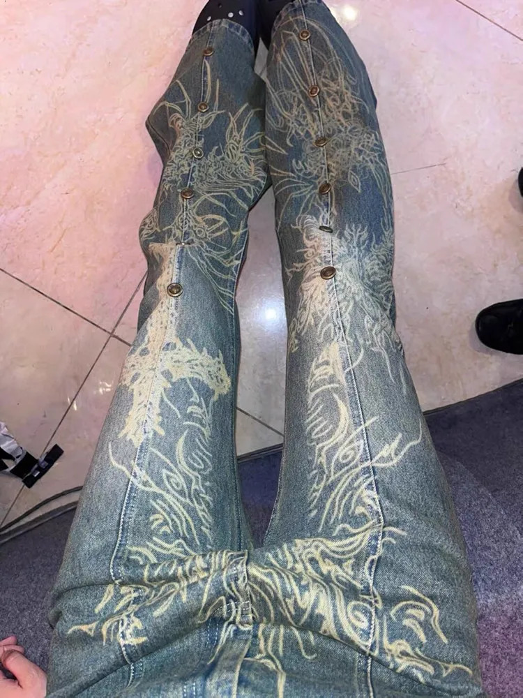 Y2K Fashion Graphic Print Vintage Blue Baggy Flare Jeans Pants For Women Clothing Straight Old Lady Gothic Denim Trousers 240806