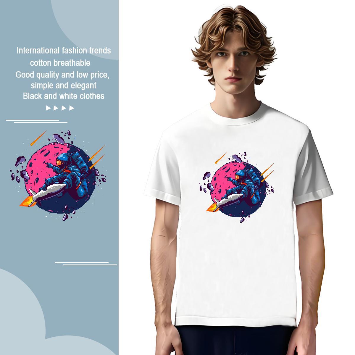T Shirts Men 230g Pure Cotton cosmonaut Sport Short Sleeve Soft DIY Anime Men Clothes T-Shirt 2024 Popular Polos