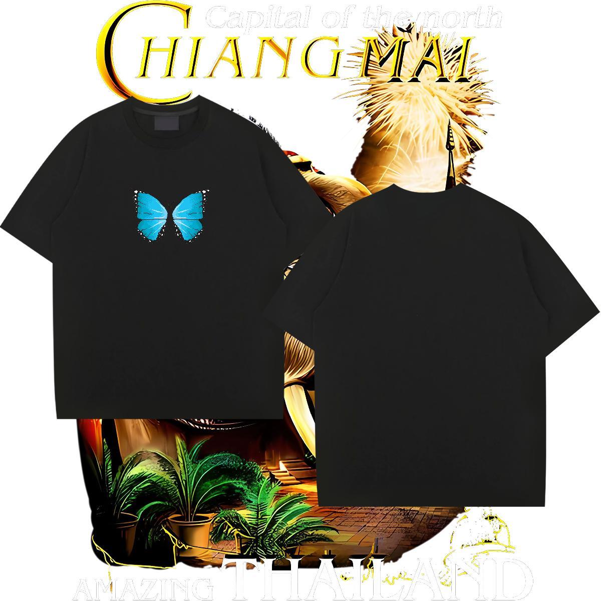 Classic Couples T Shirts 230g Pure Cotton Butterfly Man T Shirts Sport Crew Neck Anime Print 2024 Summer Tees Shirts