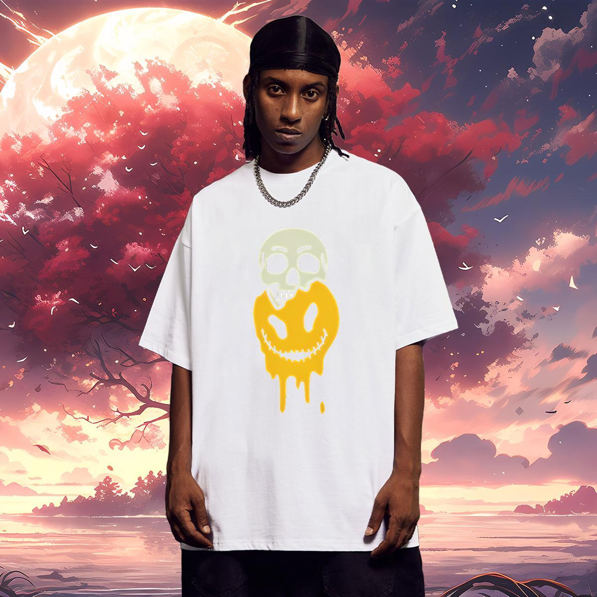 T Shirts Men 100% Cotton 230g smiling face Daily Outfit Breathable Crew Neck Custom Cartoon Men Tees DIY Cool Clothes