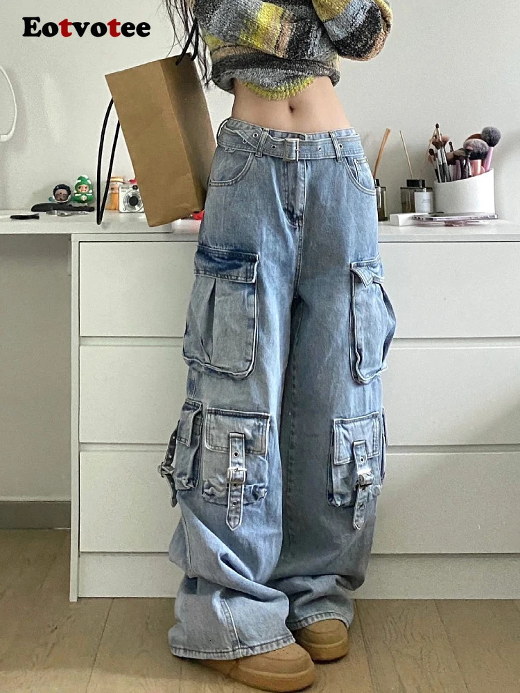 EOTVOTEE Women Casual Jeans American High Waist Street Style Baggy Cargo Pants Y2k Wide Leg Jeans Multiple Pockets Jeans 240806