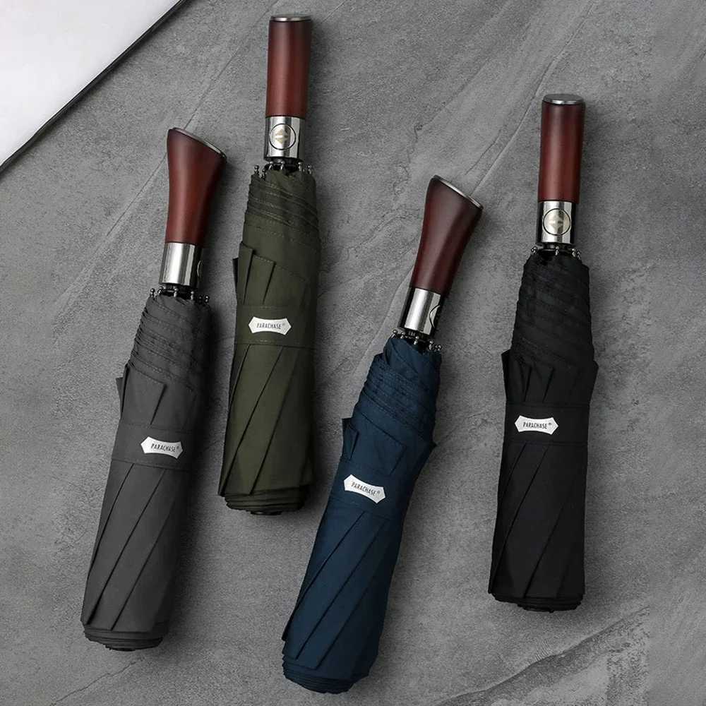 Windproof Large Umbrella for Men 8 Ribs Fully Automatic Umbrella Heavy Rain Outdoor Wooden Folding Umbrellas Compact ParasolXJ240806