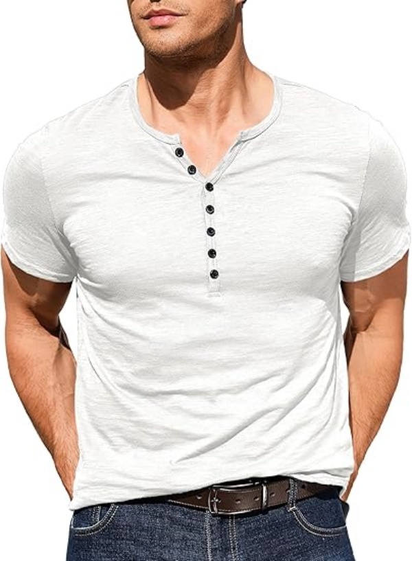 Men's Henley Shirts Kint Short Sleeve Muscle Fit Shirts Vintage Casual Button V Neck T-Shirts for Men