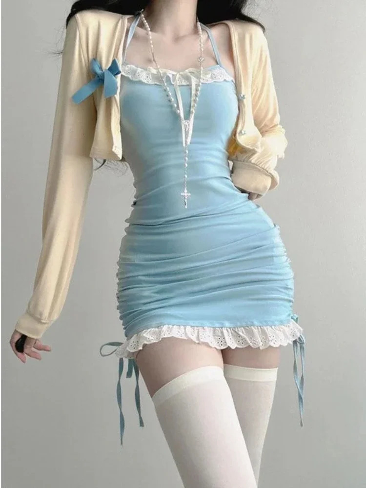Y2k Sexy Strap Mini Dress Sets Women Bodycon Slim Lace Corset Kawaii Halter Blue Two-piece Skirt Dresses Korean Fashion 240806